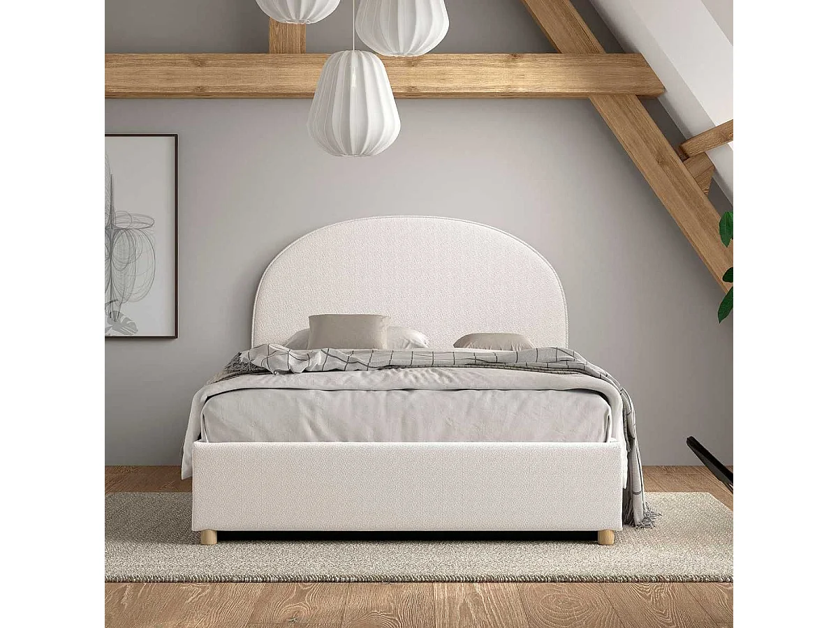 Lit coffre 140x200cm Tête de Lit Demi-Lune Tissu Bouclé Blanc - CONNIE