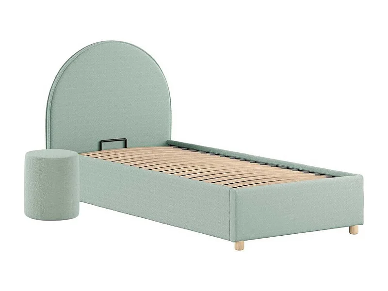 Pack Lit coffre 90x200cm Tête Demi-Lune + Pouf Tissu Bouclé Vert Olive - CONNIE