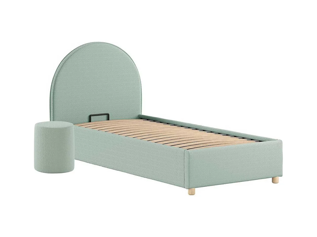Pack Lit coffre 90x200cm Tête Demi-Lune + Pouf Tissu Bouclé Vert Olive - CONNIE