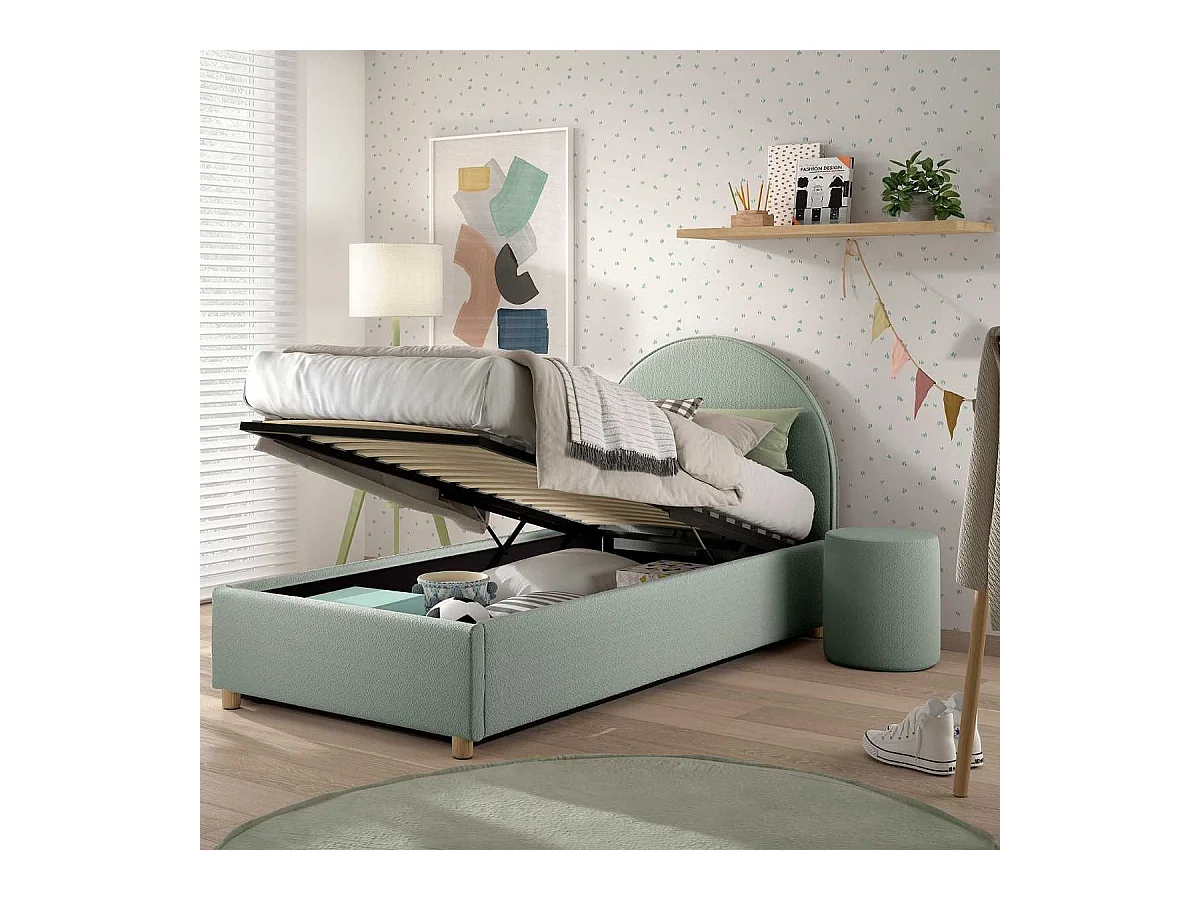 Pack Lit coffre 90x200cm Tête Demi-Lune + Pouf Tissu Bouclé Vert Olive - CONNIE