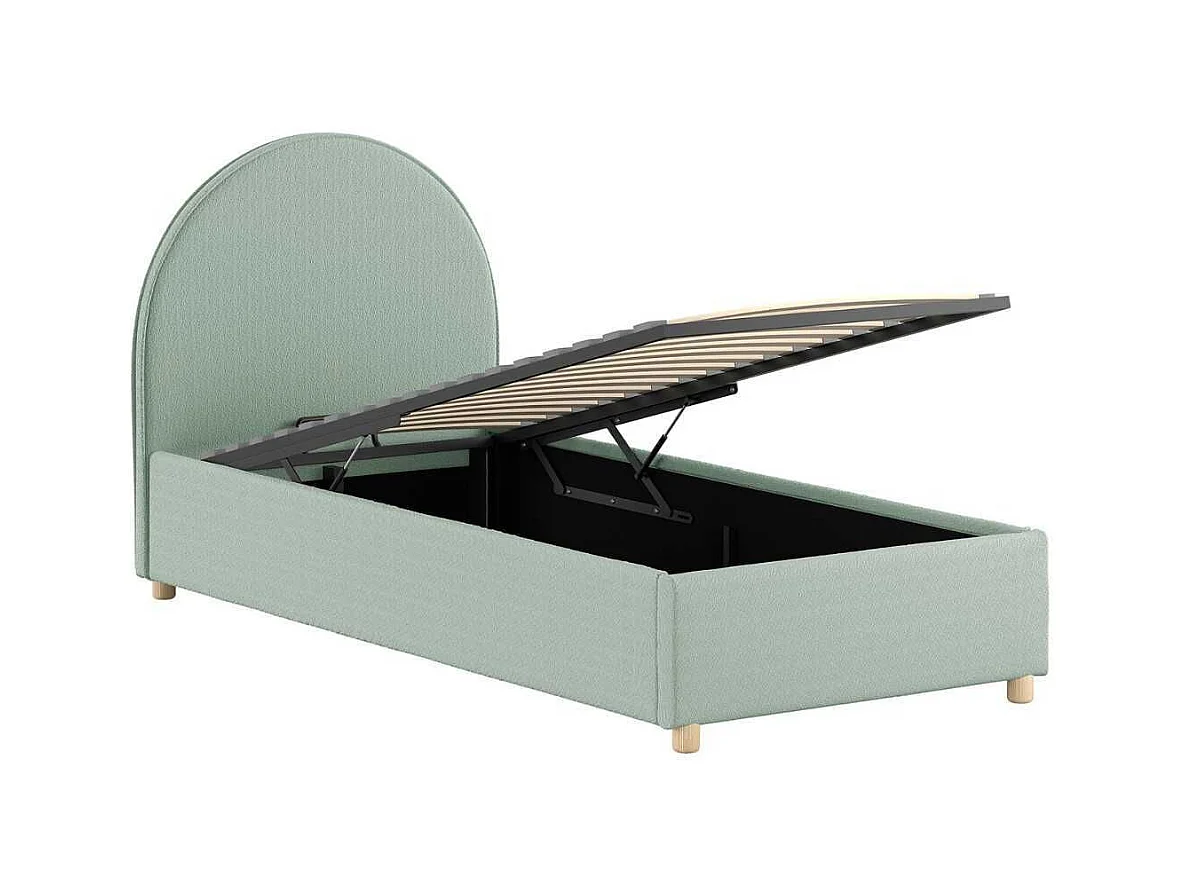 Pack Lit coffre 90x200cm Tête Demi-Lune + Pouf Tissu Bouclé Vert Olive - CONNIE