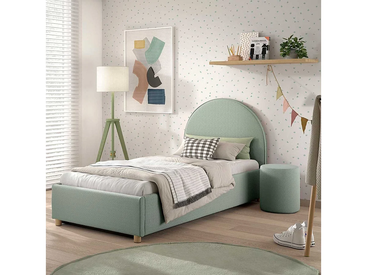 Pack Lit coffre 90x200cm Tête Demi-Lune + Pouf Tissu Bouclé Vert Olive - CONNIE