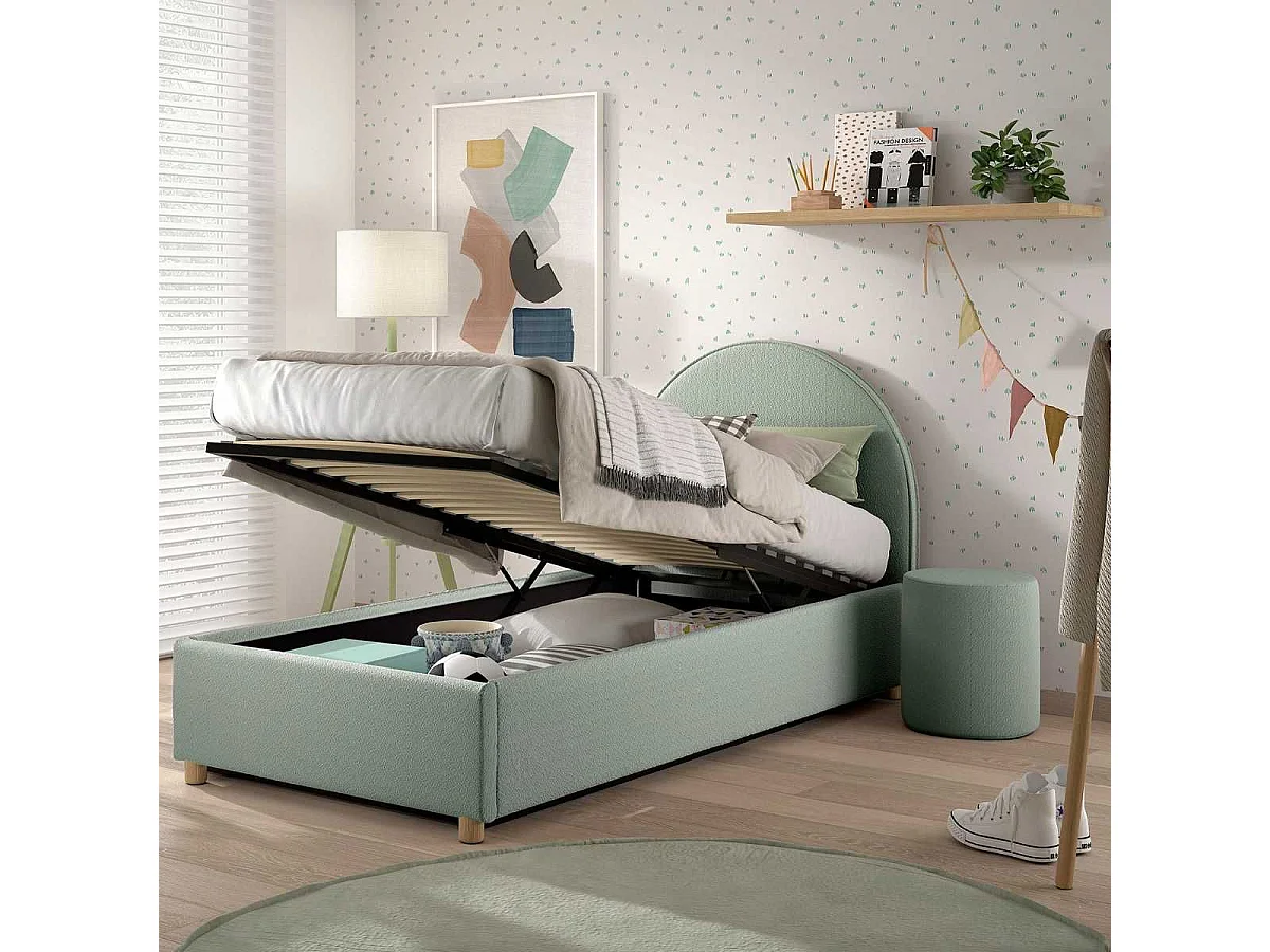 Pack Lit coffre 90x200cm Tête Demi-Lune + Pouf Tissu Bouclé Vert Olive - CONNIE