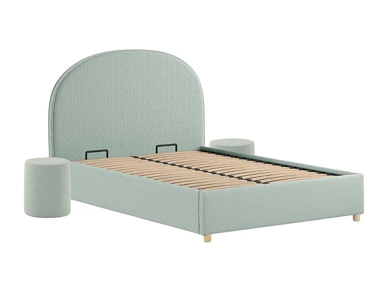 Pack Lit coffre 140x200cm Tête Demi-Lune + 2 Poufs Tissu Bouclé Vert Olive - CONNIE