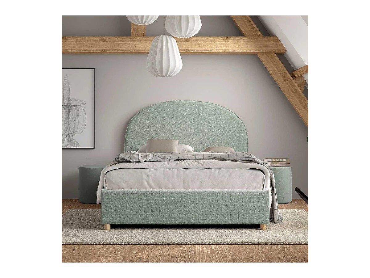 Pack Lit coffre 140x200cm Tête Demi-Lune + 2 Poufs Tissu Bouclé Vert Olive - CONNIE