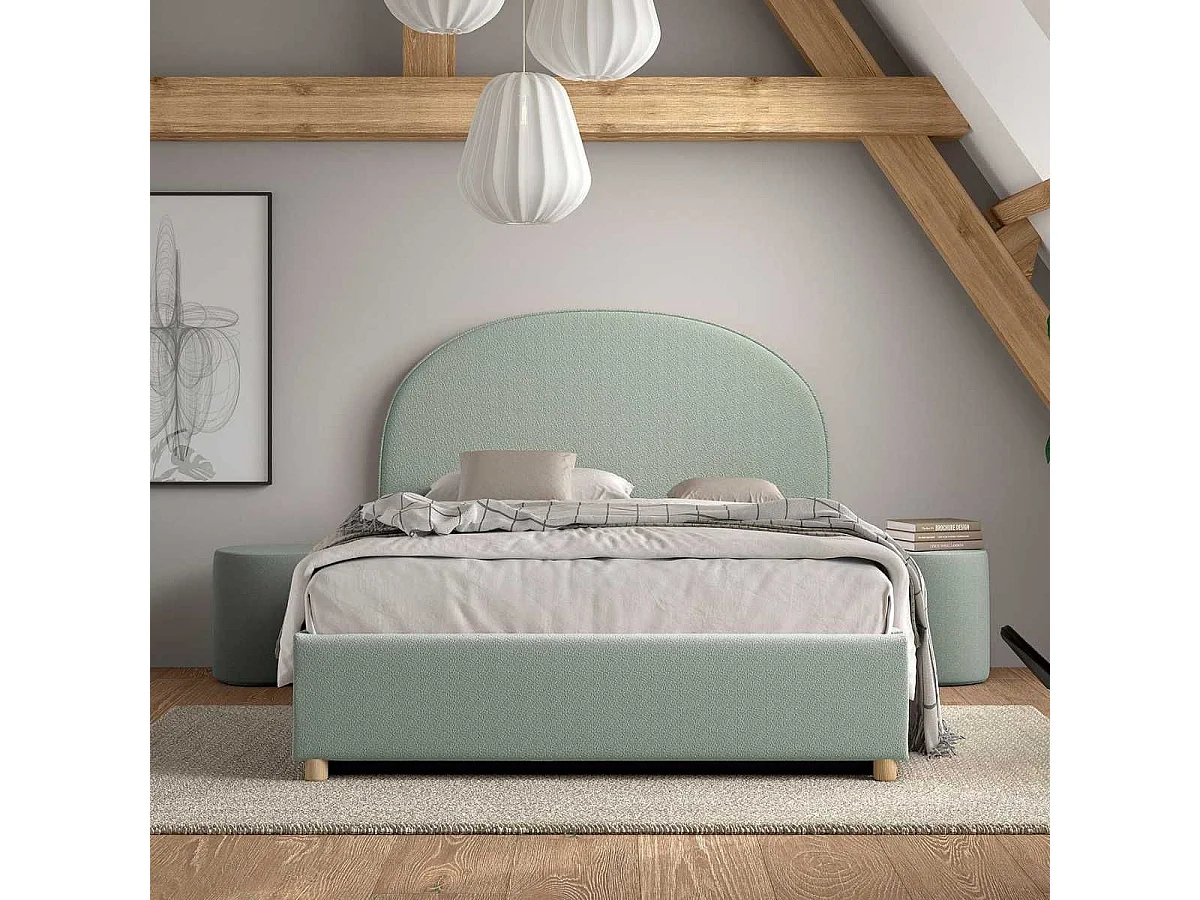 Pack Lit coffre 140x200cm Tête Demi-Lune + 2 Poufs Tissu Bouclé Vert Olive - CONNIE