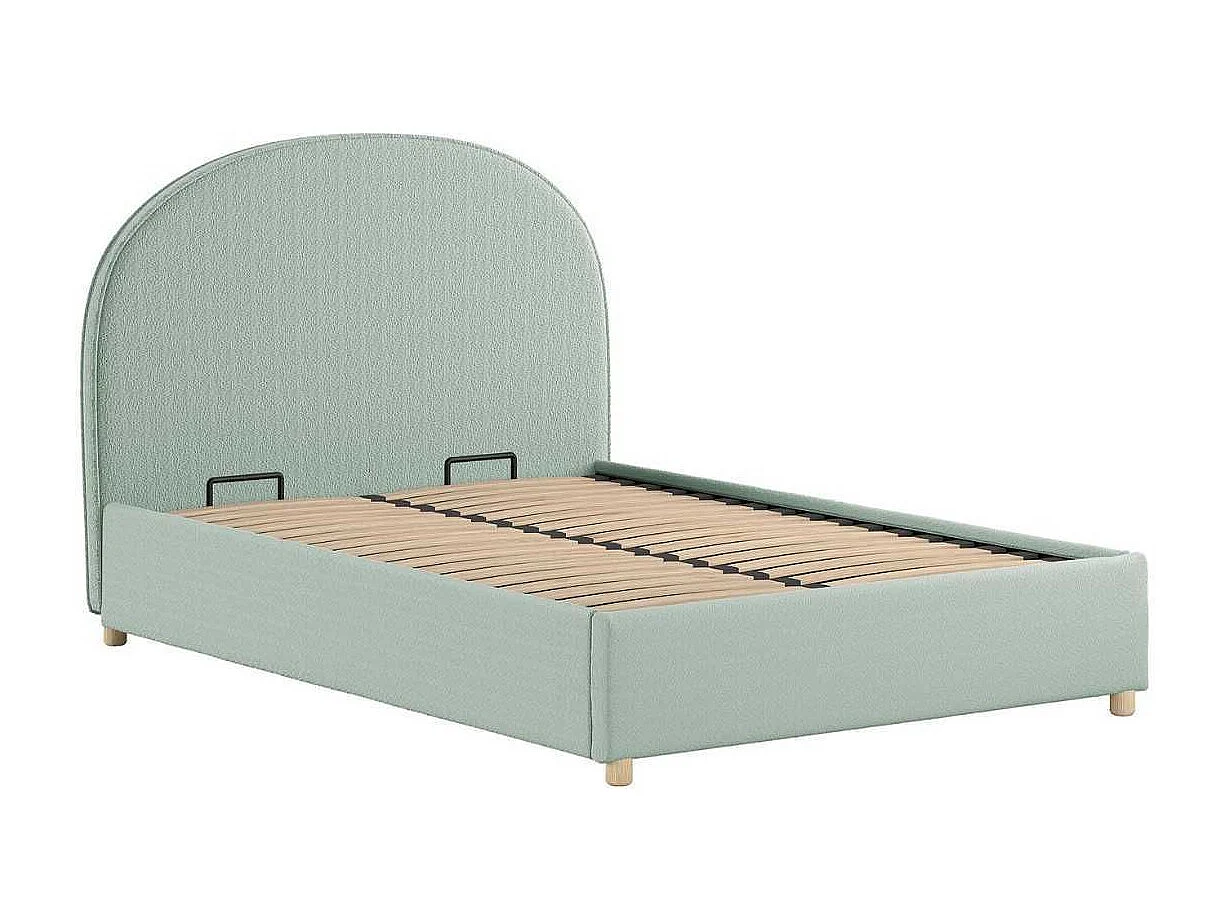 Pack Lit coffre 140x200cm Tête Demi-Lune + 2 Poufs Tissu Bouclé Vert Olive - CONNIE