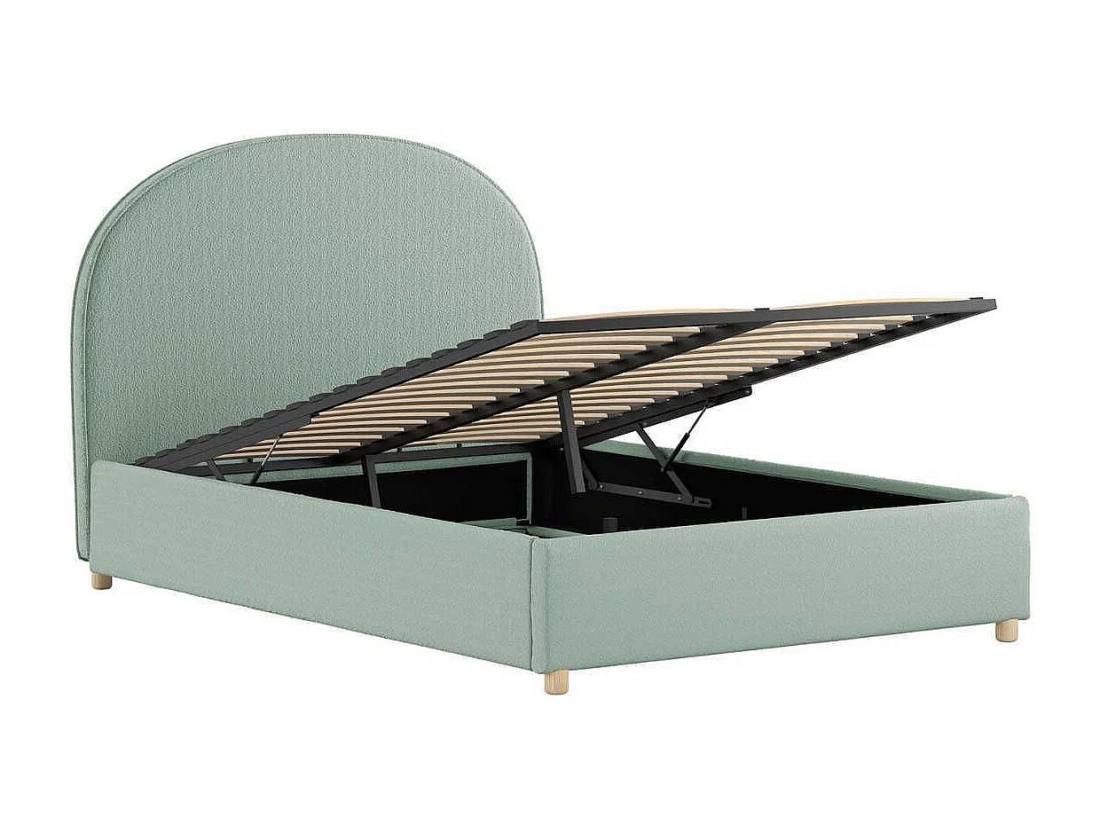 Pack Lit coffre 140x200cm Tête Demi-Lune + 2 Poufs Tissu Bouclé Vert Olive - CONNIE