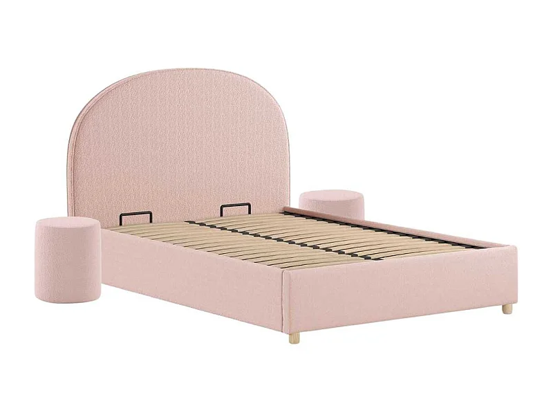Pack Lit coffre 140x200cm Tête Demi-Lune + 2 Poufs Tissu Bouclé Rose - CONNIE