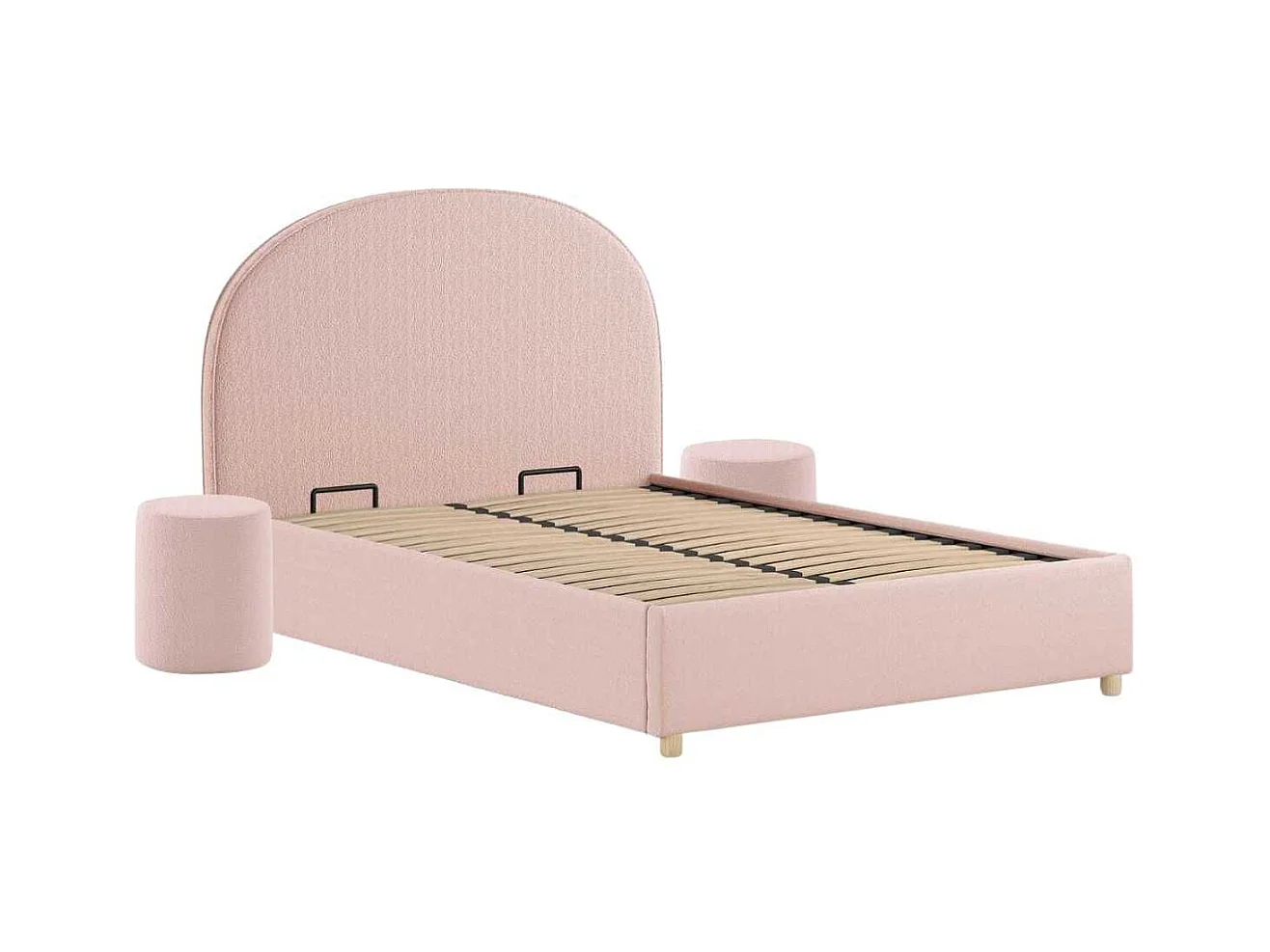 Pack Lit coffre 140x200cm Tête Demi-Lune + 2 Poufs Tissu Bouclé Rose - CONNIE