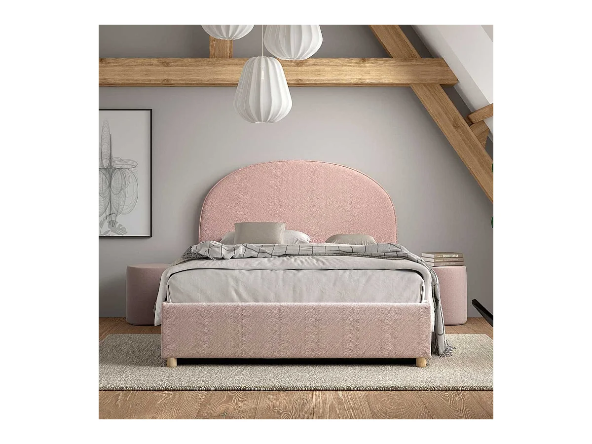 Pack Lit coffre 140x200cm Tête Demi-Lune + 2 Poufs Tissu Bouclé Rose - CONNIE