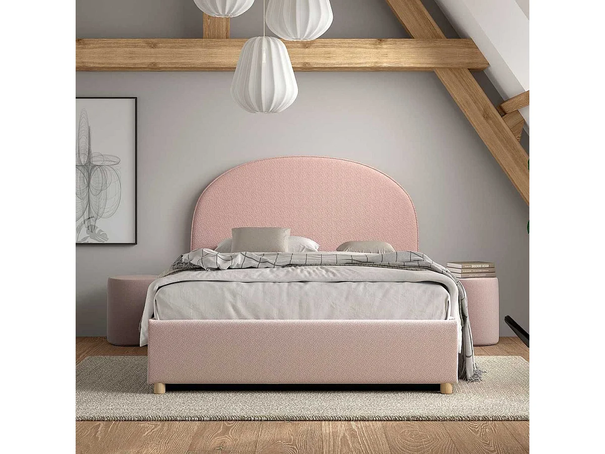 Pack Lit coffre 140x200cm Tête Demi-Lune + 2 Poufs Tissu Bouclé Rose - CONNIE