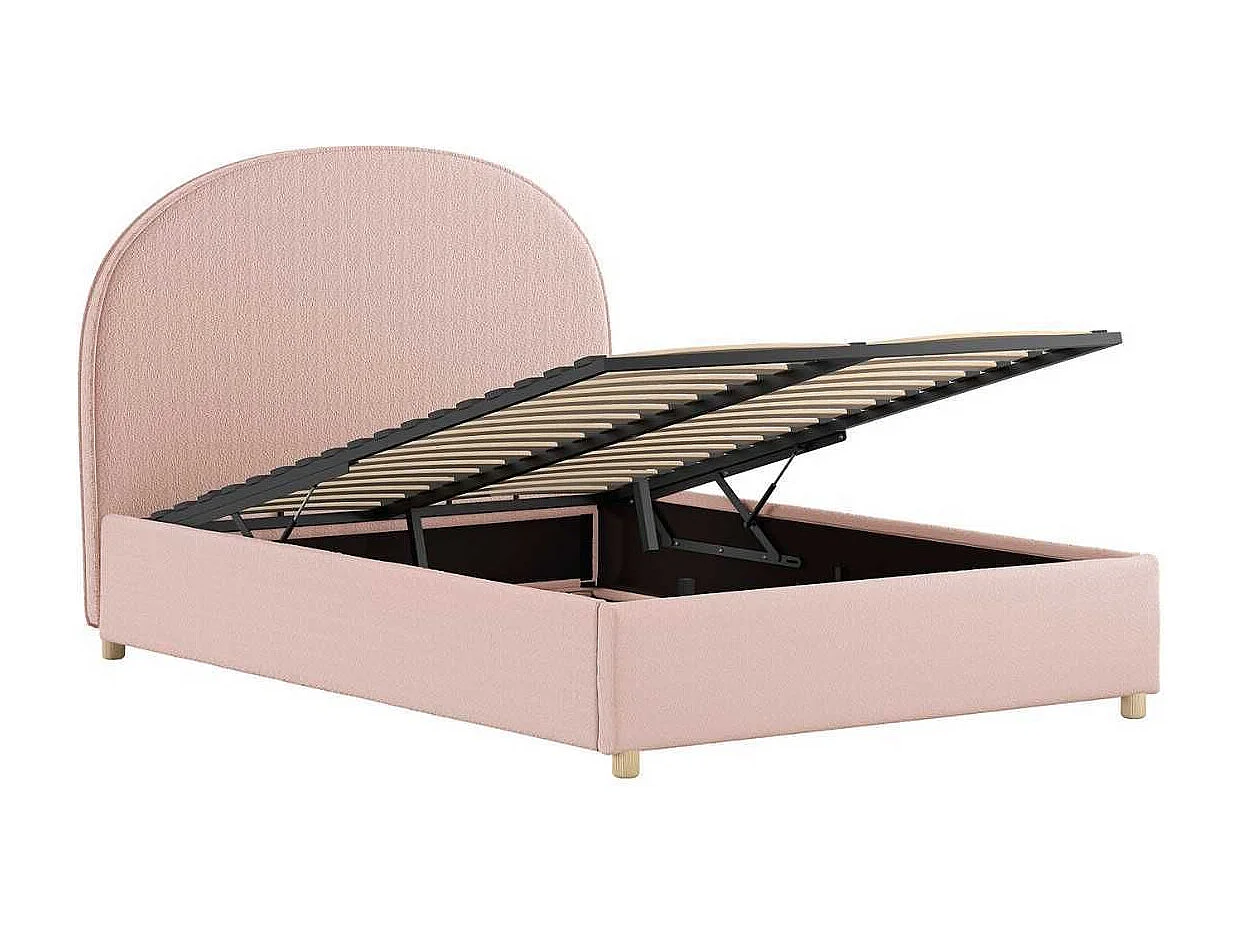 Pack Lit coffre 140x200cm Tête Demi-Lune + 2 Poufs Tissu Bouclé Rose - CONNIE