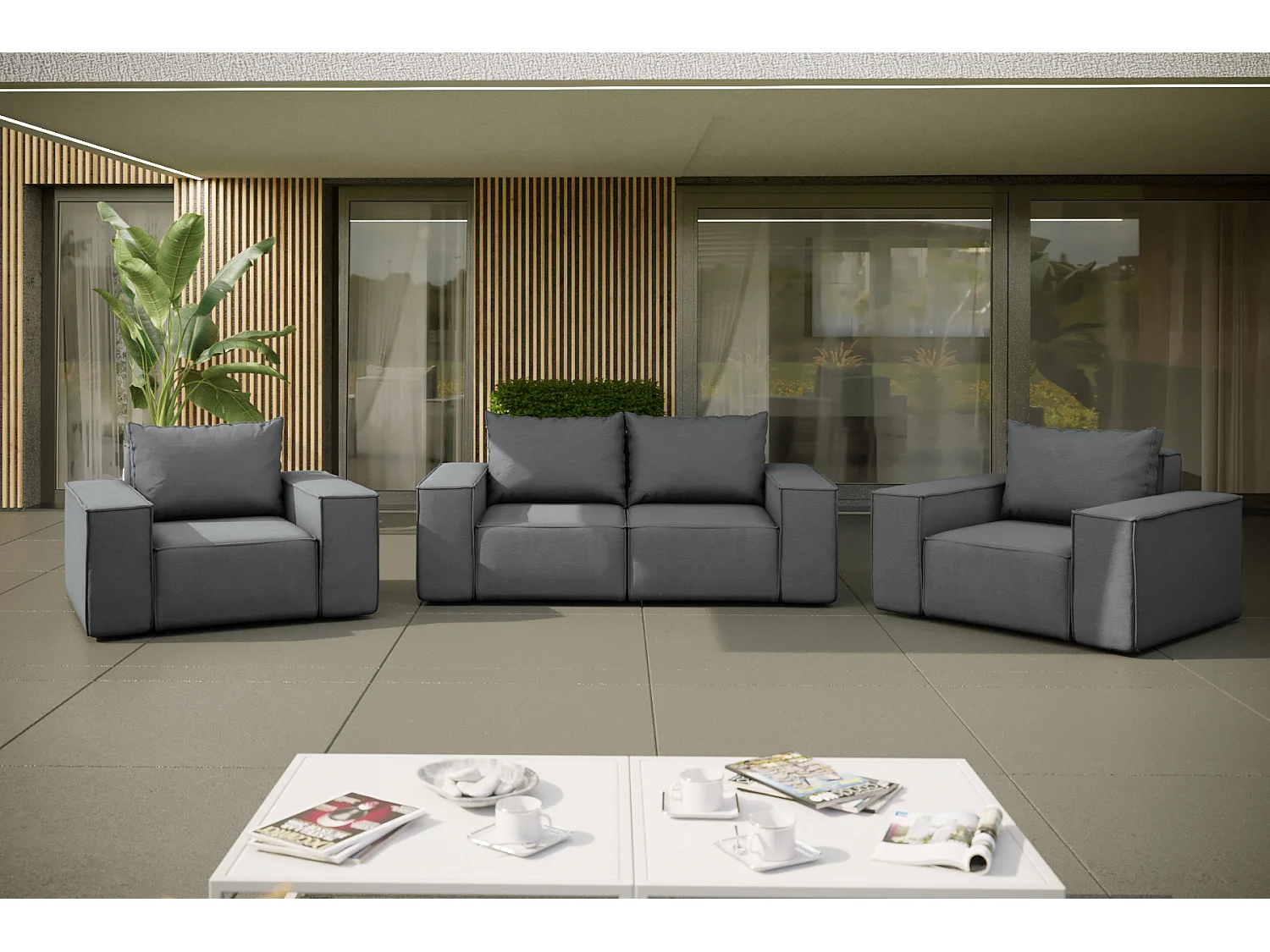 Salon de jardin 2+1+1 SUN, tissu ARTICLE, gris