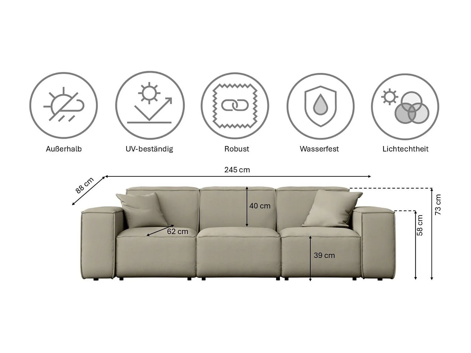 Salon de jardin 3+2+1 MALIBU, tissu ODYSSEY, beige foncé