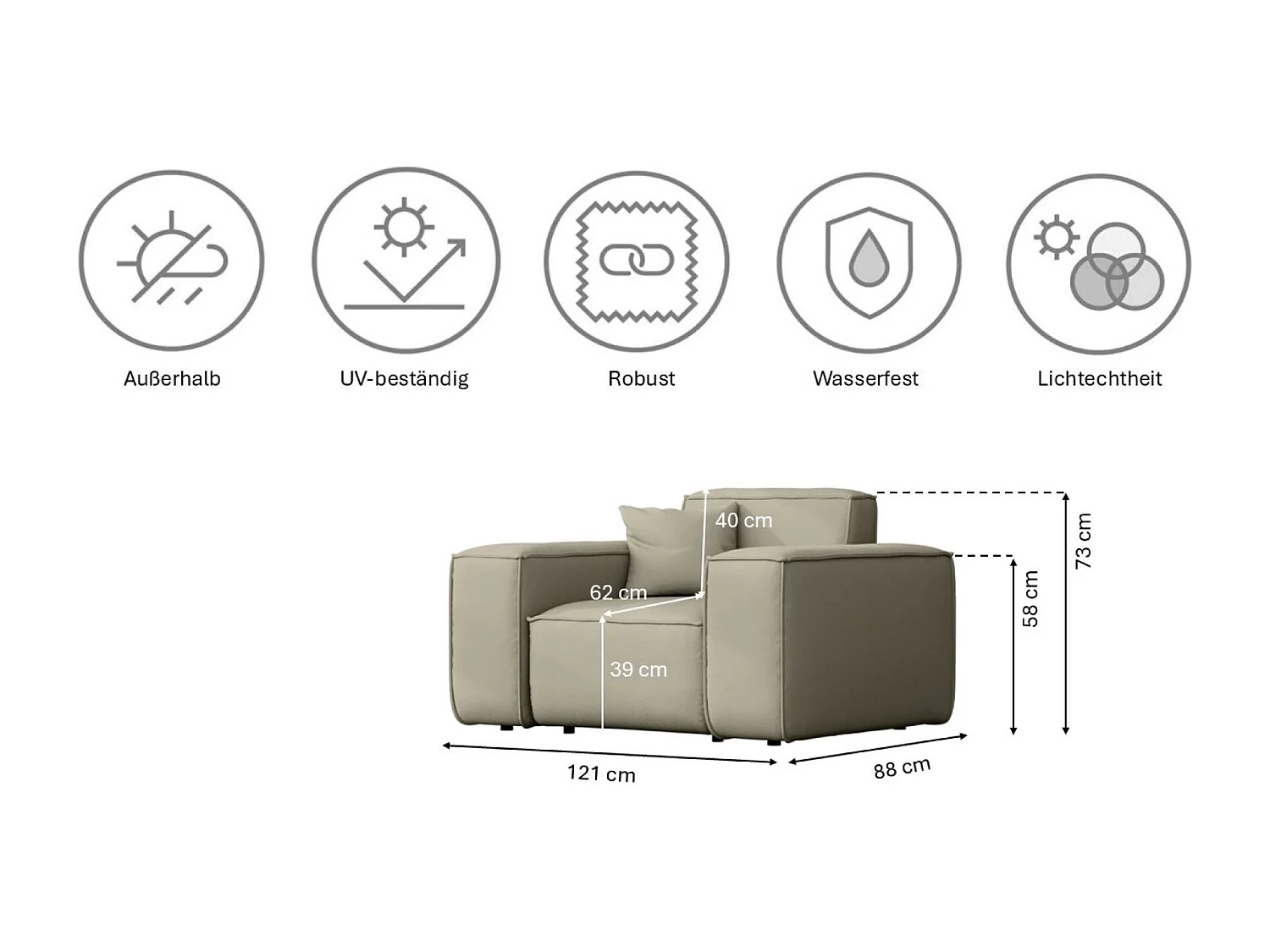 Salon de jardin fauteuil MALIBU, tissu ODYSSEY, beige foncé