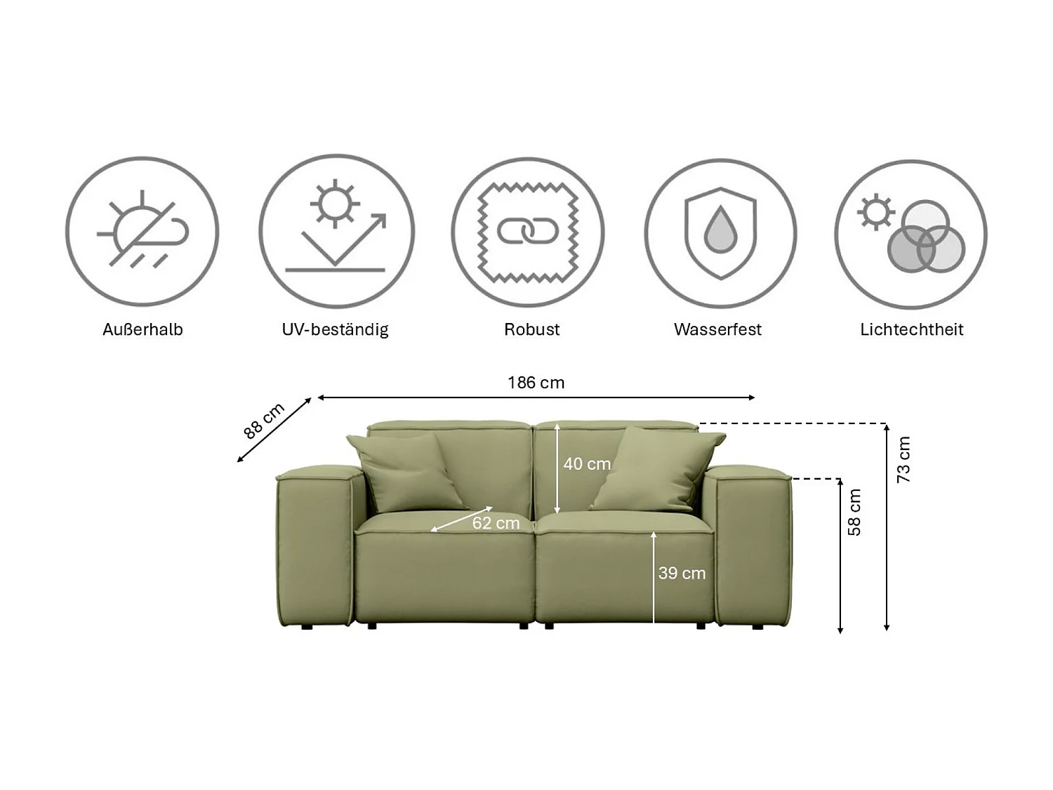 Salon de jardin 2+1+1 MALIBU, tissu ODYSSEY, vert clair