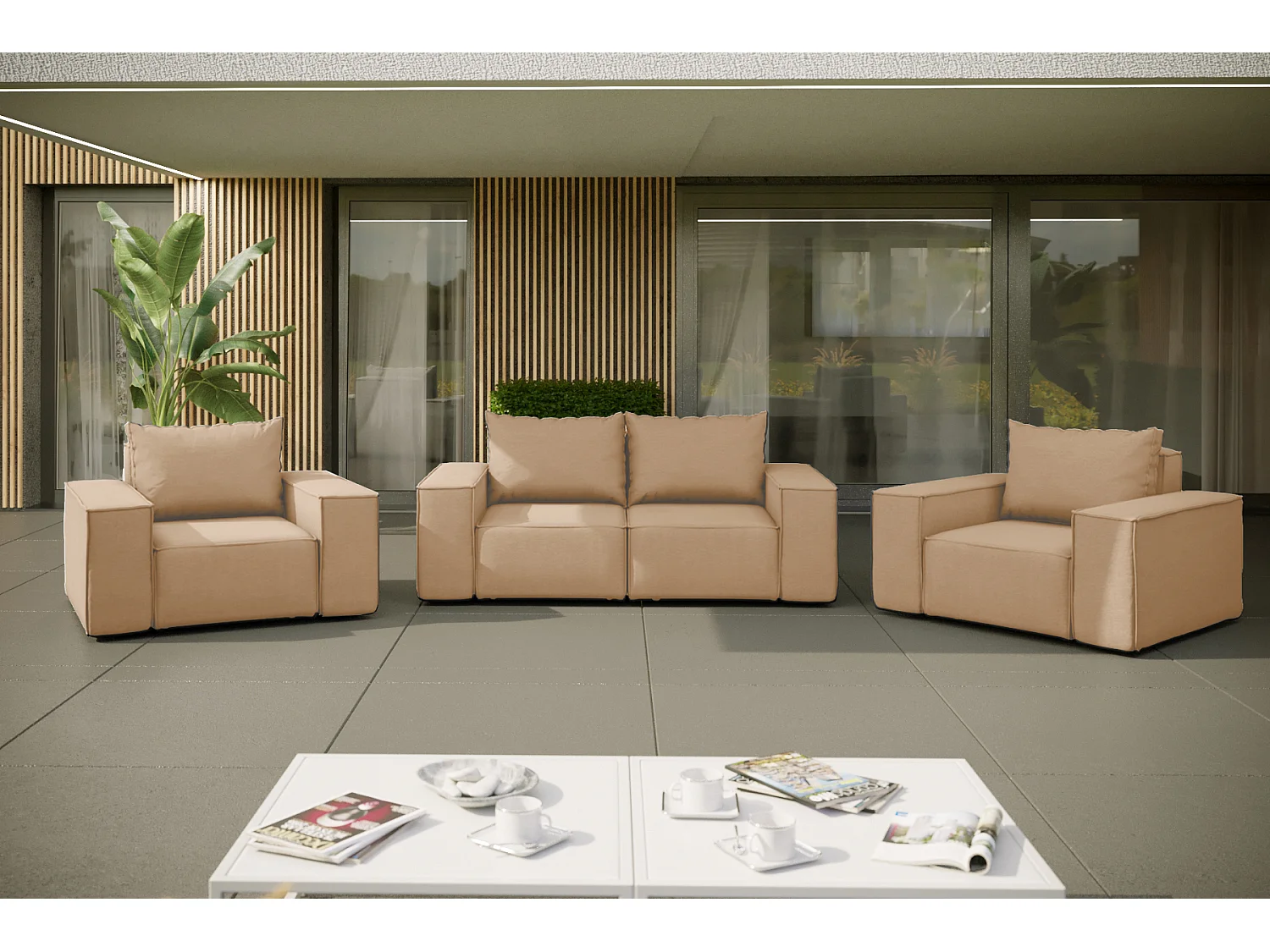 Salon de jardin 2+1+1 SUN, tissu ARTICLE, Cappuccino