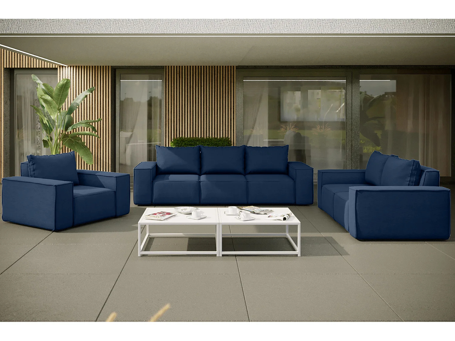 Salon de jardin 3+2+1 SONNE, tissu ARTICLE, bleu marine