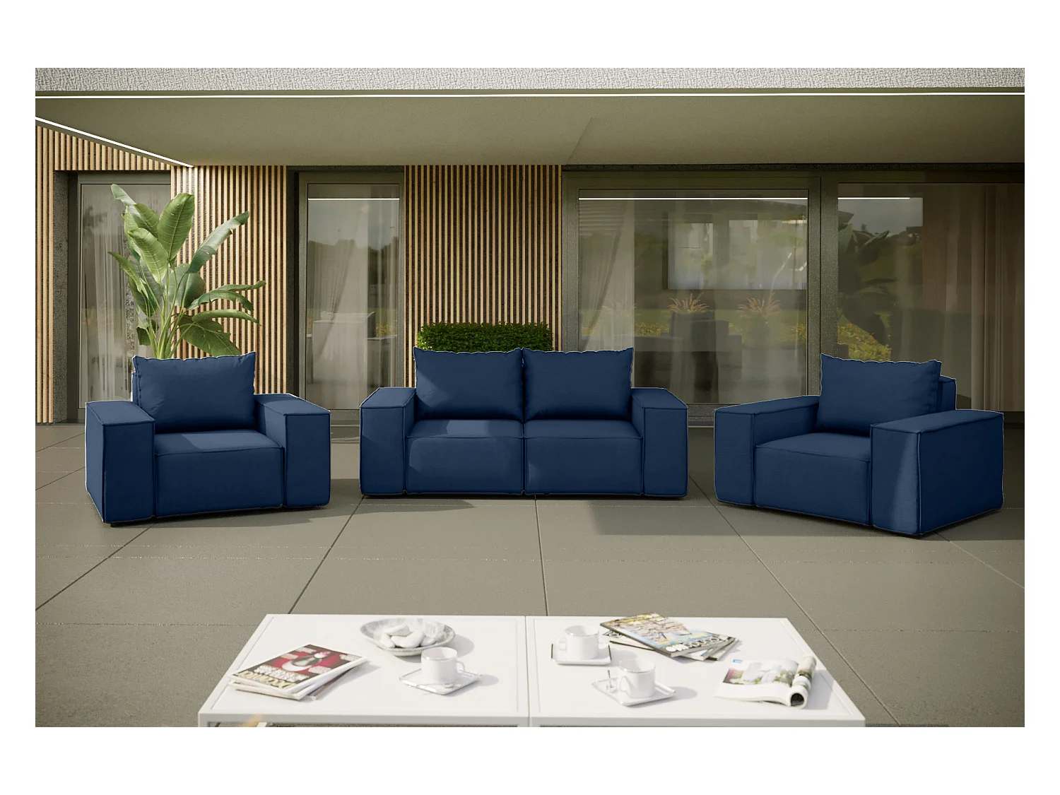 Salon de jardin 2+1+1 SUN, tissu ARTICLE, bleu marine