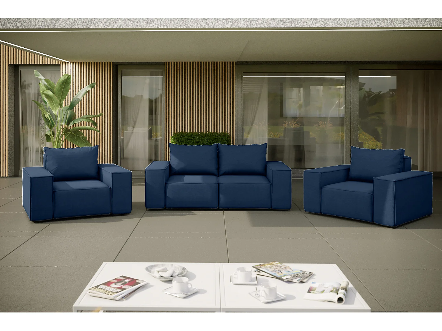 Salon de jardin 2+1+1 SUN, tissu ARTICLE, bleu marine