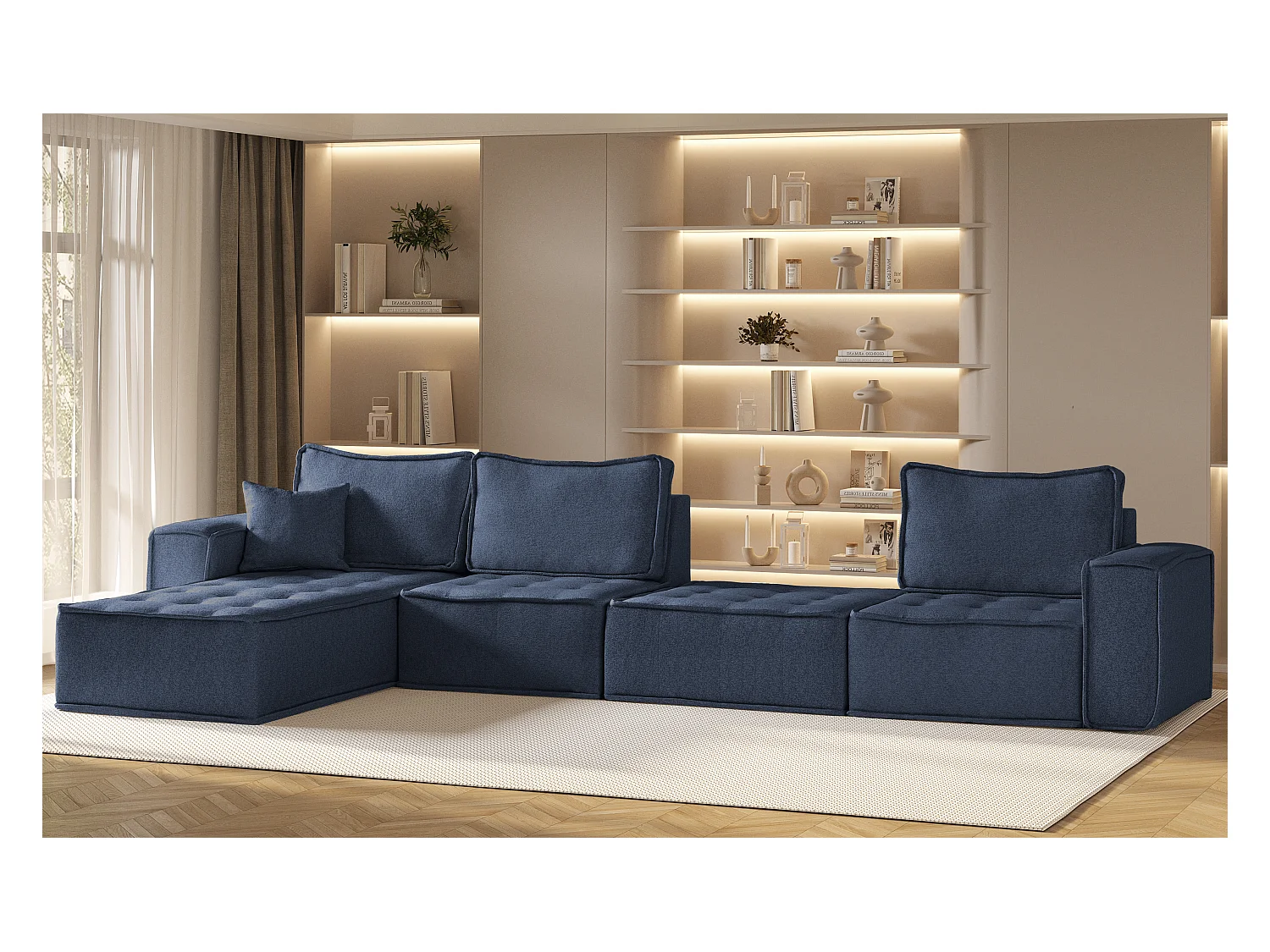 Canapé d'angle Bohoo XL en L, tissu Raven, bleu, gauche