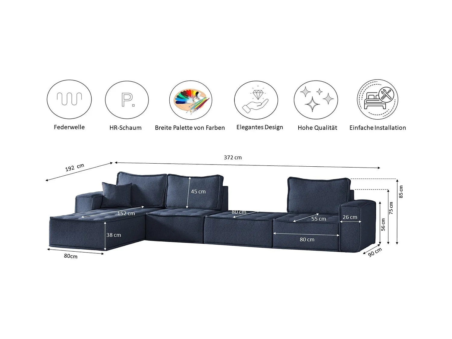 Canapé d'angle Bohoo XL en L, tissu Raven, bleu, gauche