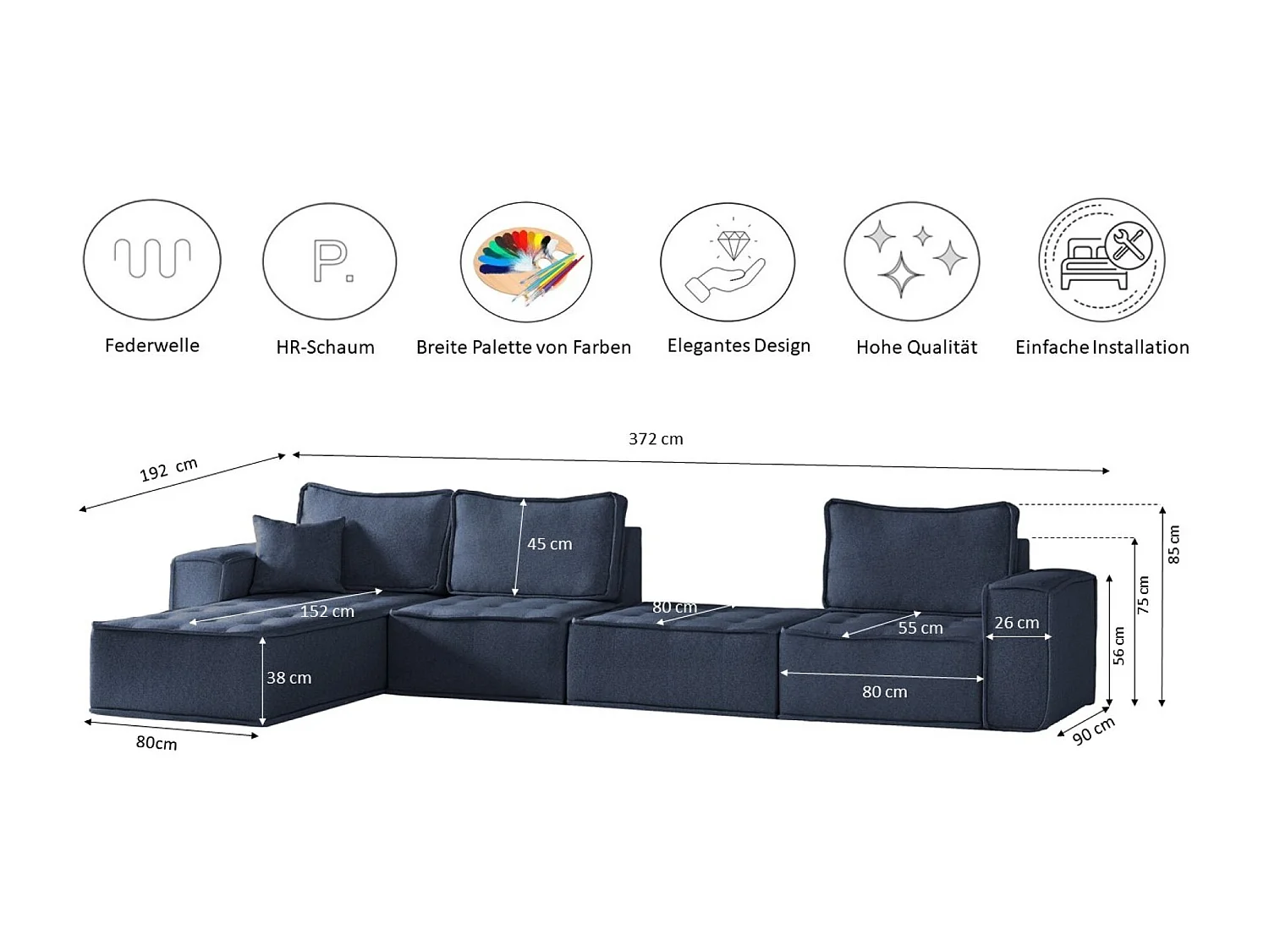 Canapé d'angle Bohoo XL en L, tissu Raven, bleu, gauche