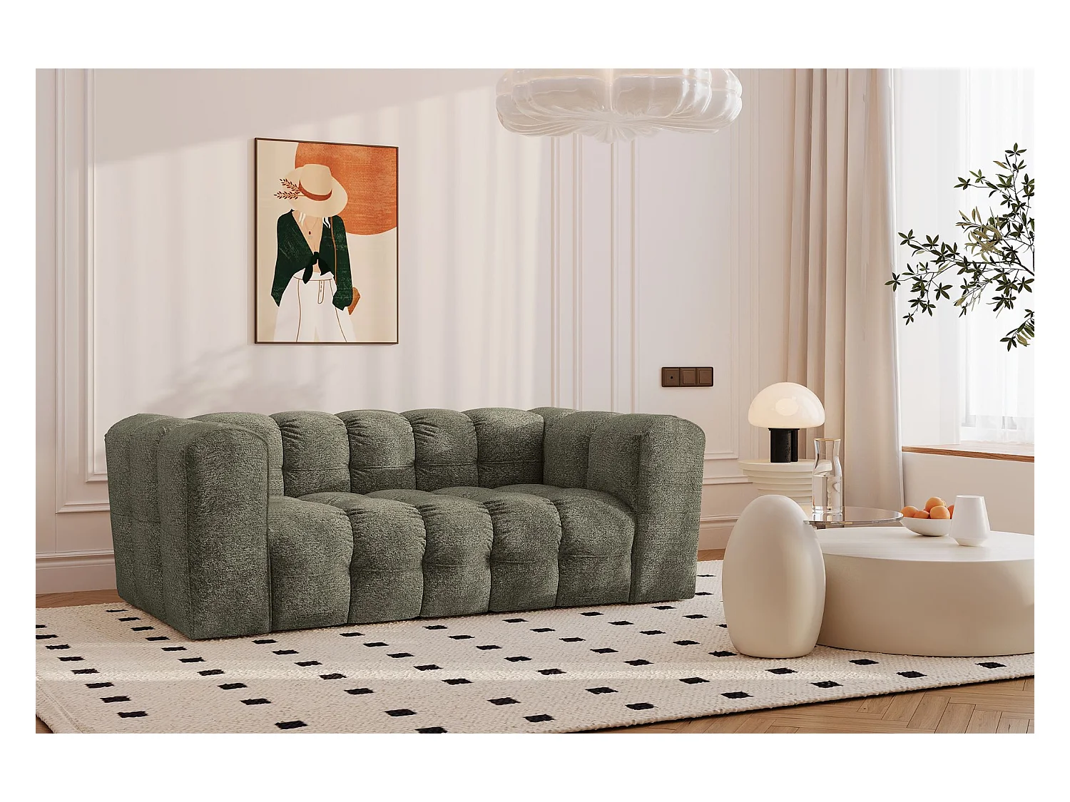 Sofa 2-Sitzer, Komfort Couch BALOO, stoff Schenille & Bouclé, Grün