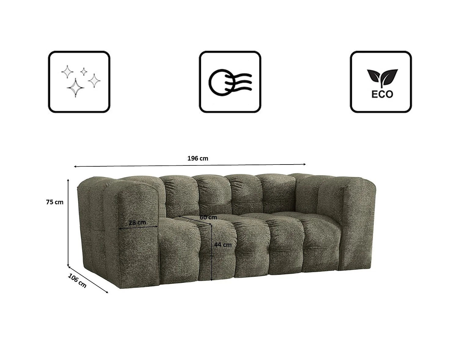 Sofa 2-Sitzer, Komfort Couch BALOO, stoff Schenille & Bouclé, Grün