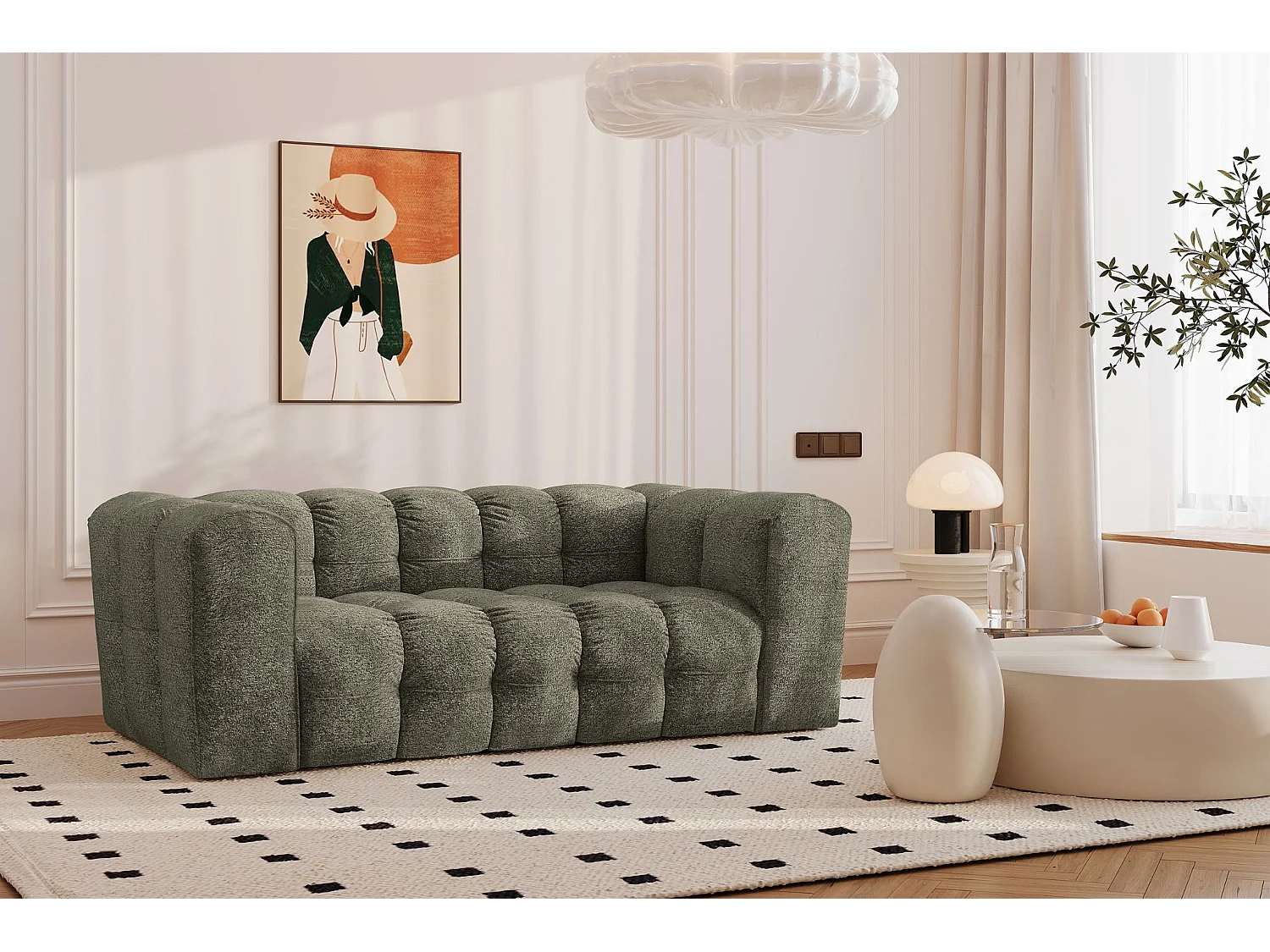 Sofa 2-Sitzer, Komfort Couch BALOO, stoff Schenille & Bouclé, Grün