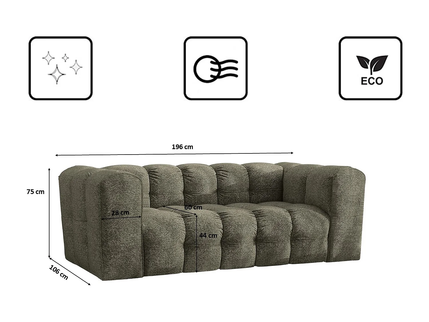 Sofa 2-Sitzer, Komfort Couch BALOO, stoff Schenille & Bouclé, Grün