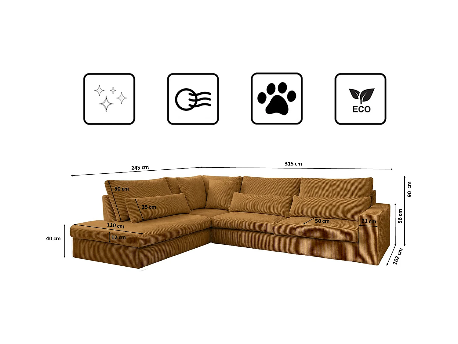 Canapé d'angle en L SVEN tissu Poso couleur moutarde Gauche