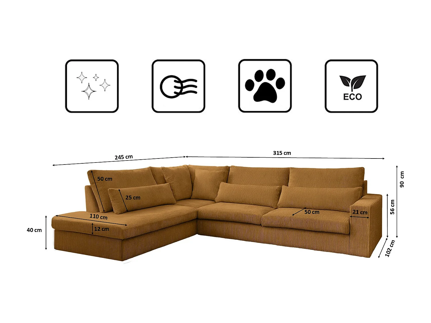 Canapé d'angle en L SVEN tissu Poso couleur moutarde Gauche