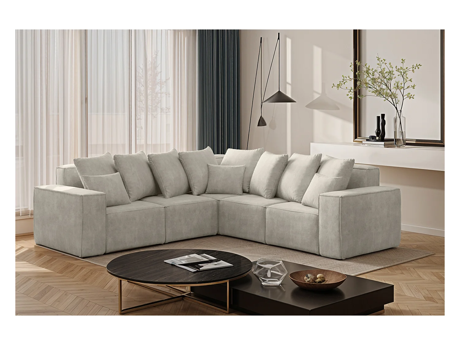 Canapé d'angle, Corner ELLA, tissu Noel, gris clair