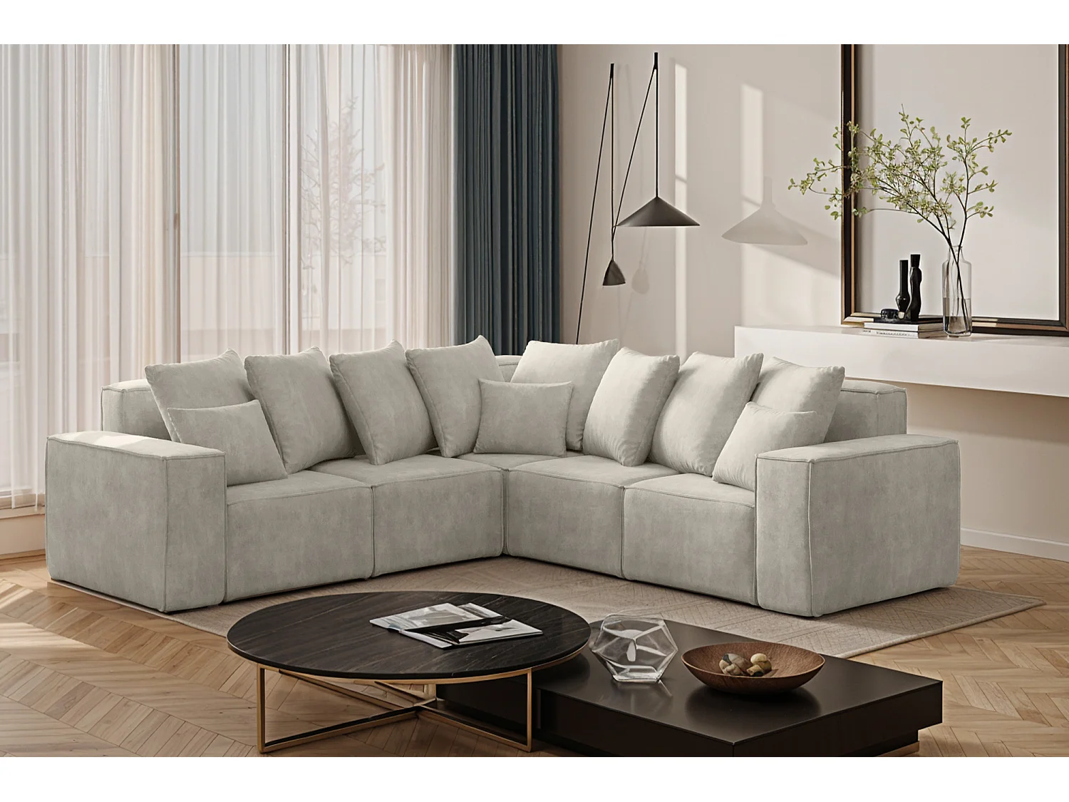 Canapé d'angle, Corner ELLA, tissu Noel, gris clair