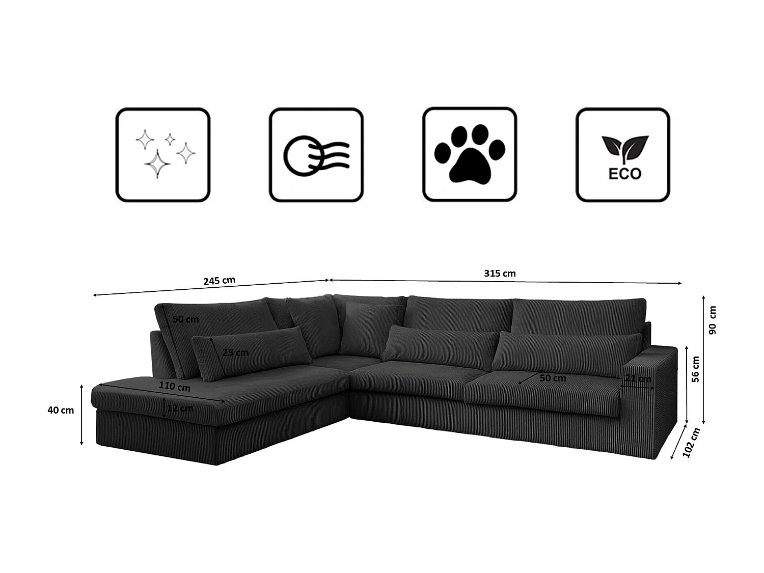 Canapé d'angle en L SVEN tissu Poso Graphite Gauche