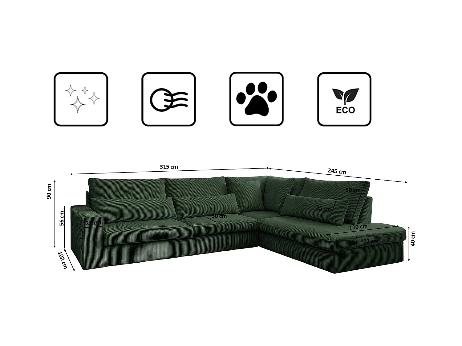 Canapé d'angle en L SVEN tissu Poso Vert Droite