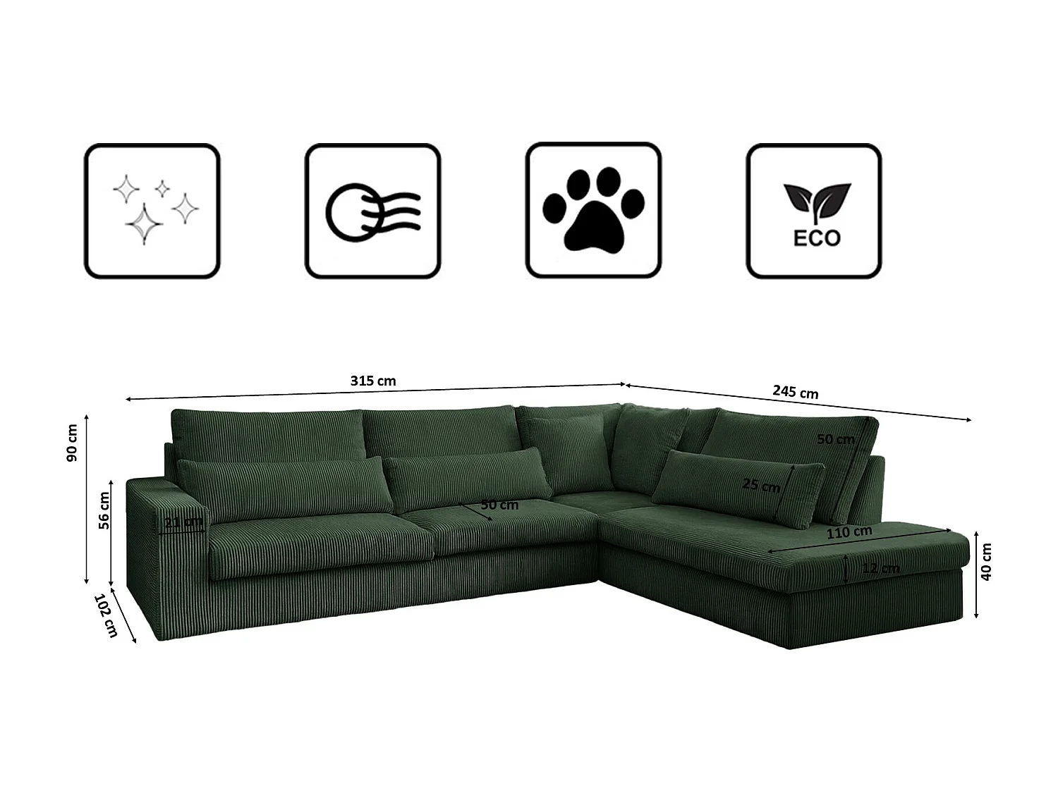 Ecksofa L-Form SVEN Stoff Poso Grün Rechts