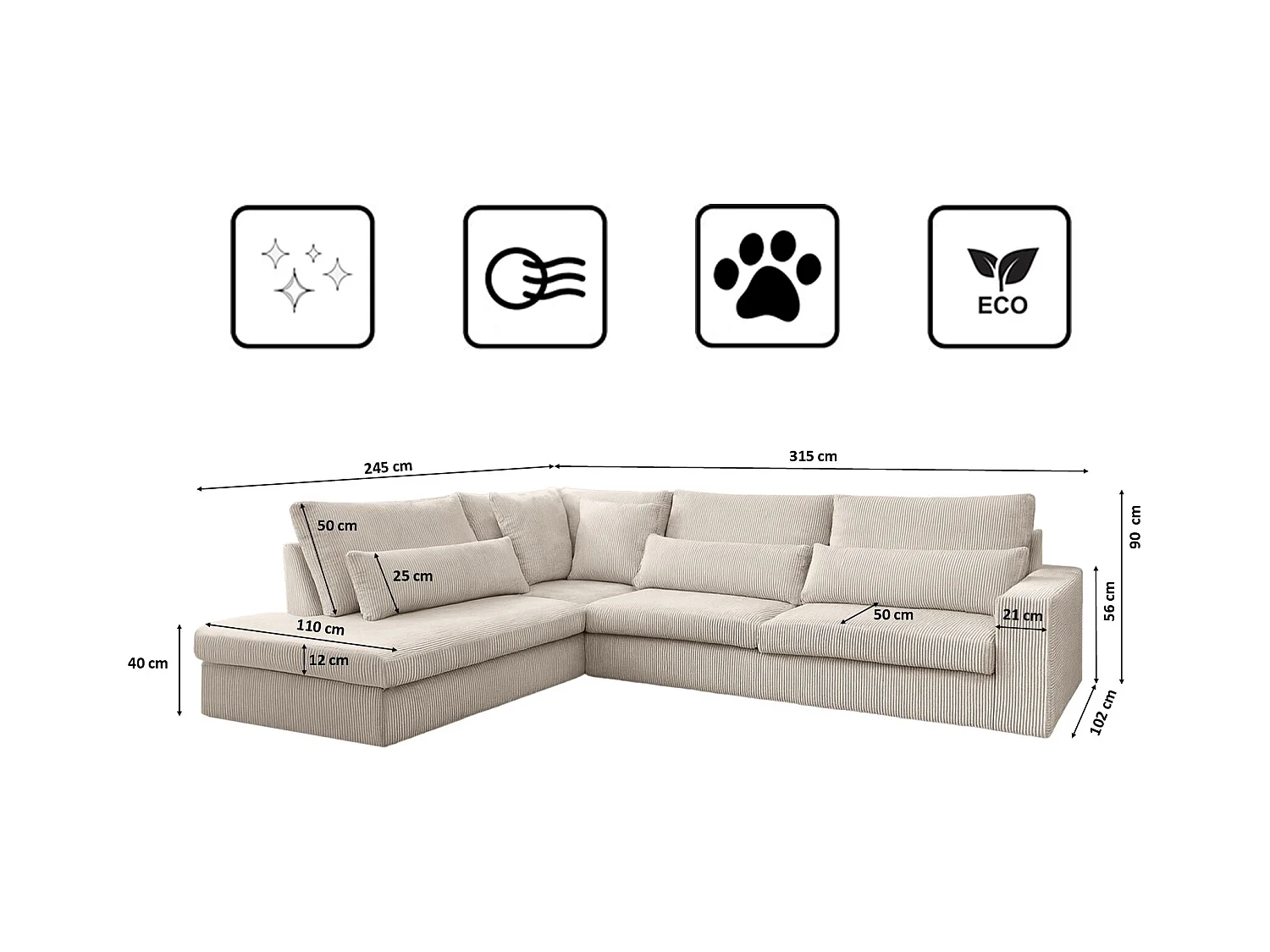 Canapé d'angle en L SVEN tissu Poso Beige Gauche