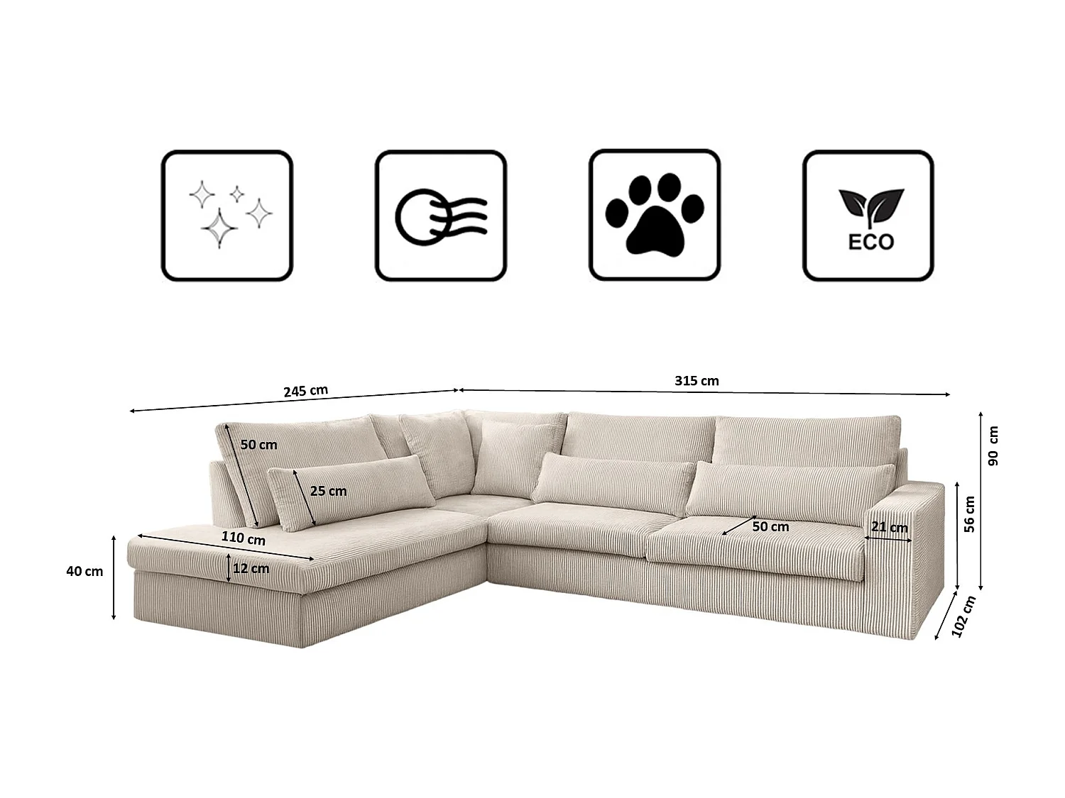 Canapé d'angle en L SVEN tissu Poso Beige Gauche