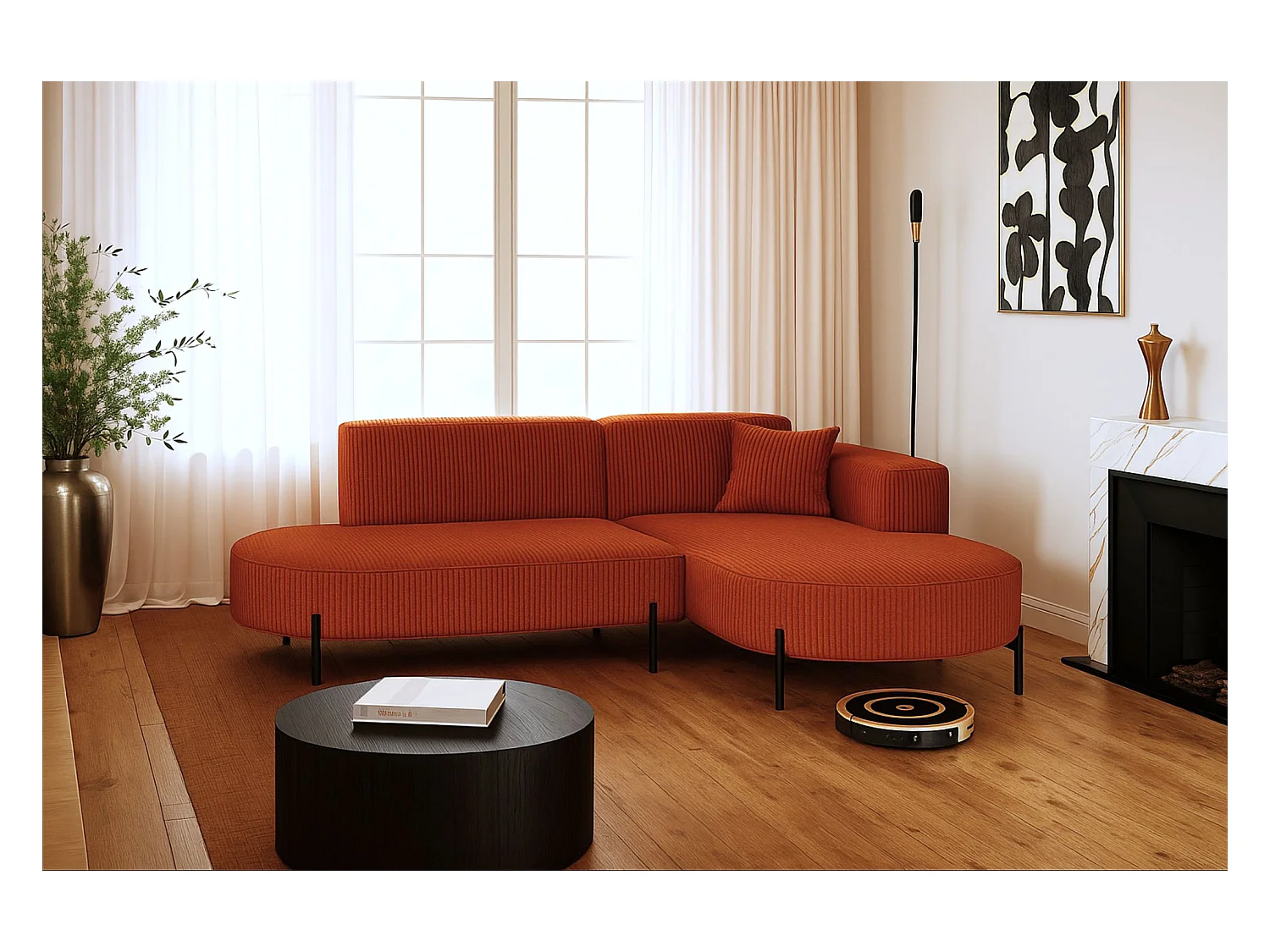 Canapé d'angle, canapé en L, designer Modena, tissu pur, Poso, cuivre, droite