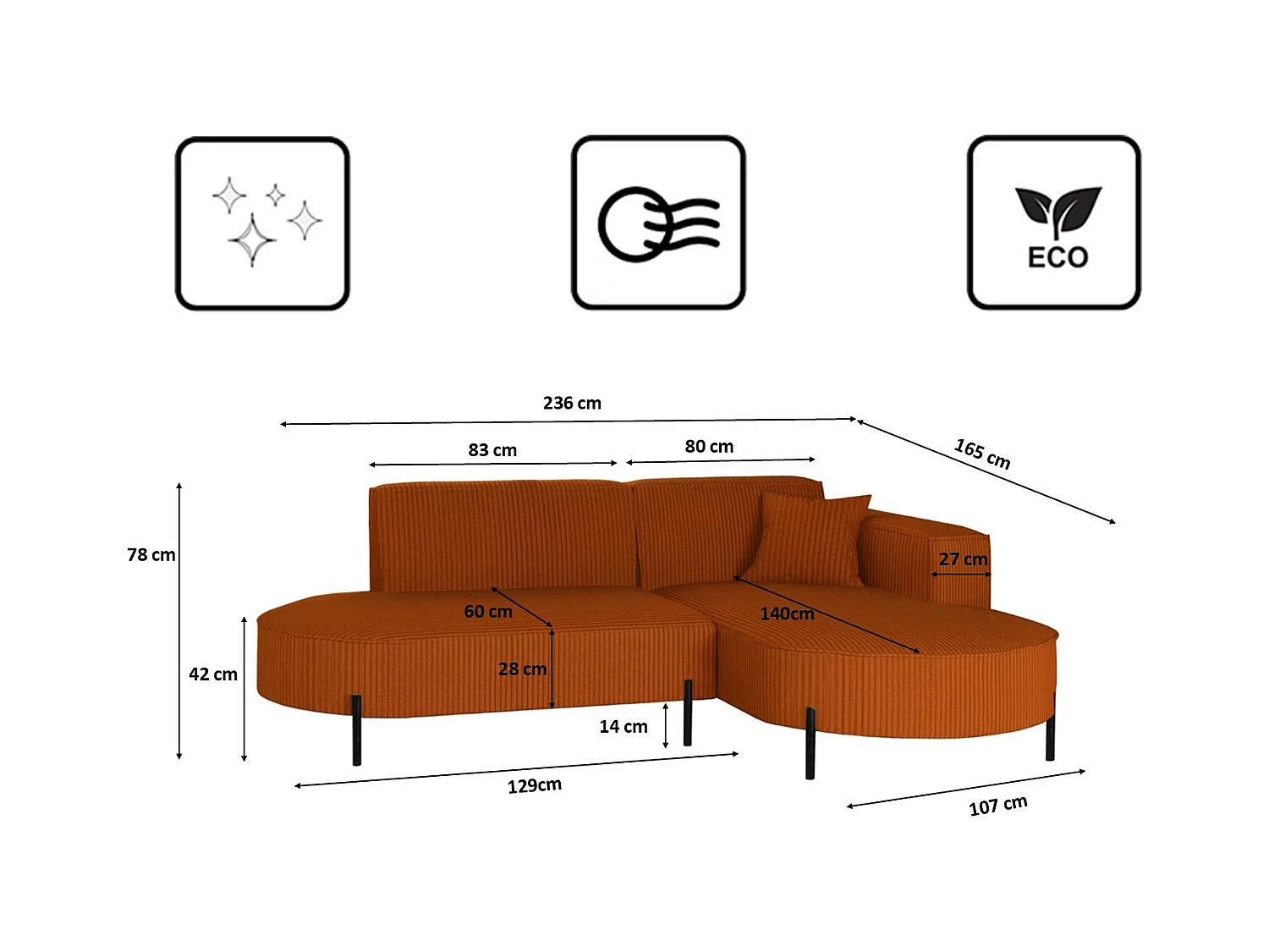 Canapé d'angle, canapé en L, designer Modena, tissu pur, Poso, cuivre, droite
