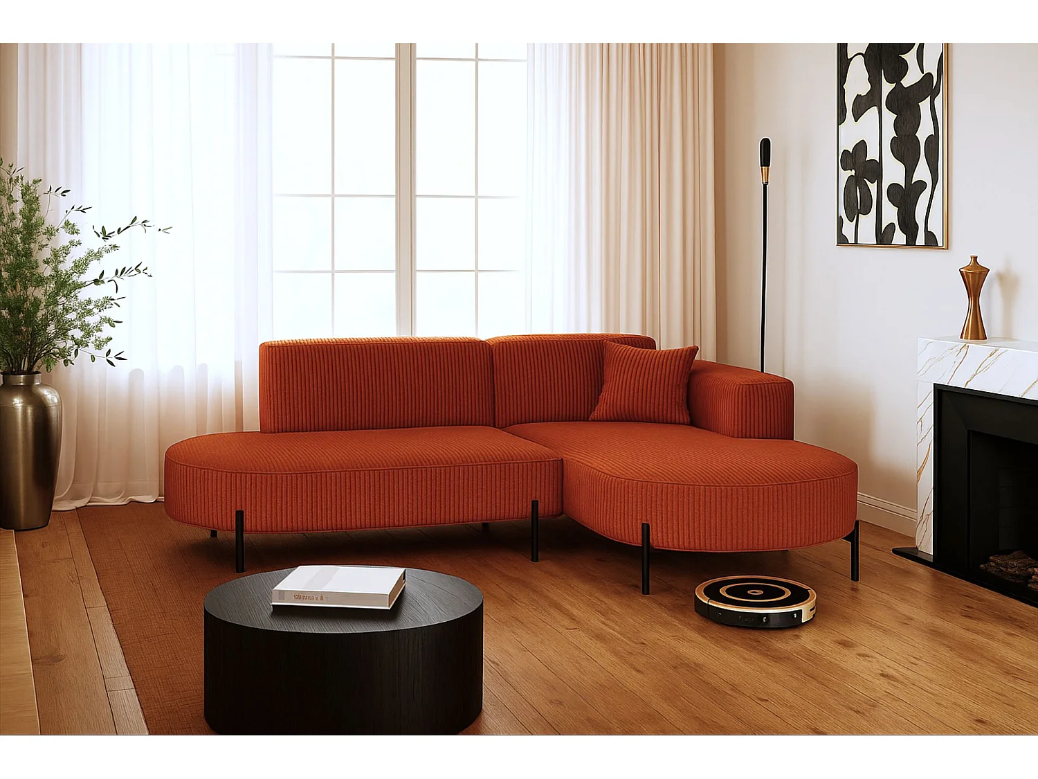 Canapé d'angle, canapé en L, designer Modena, tissu pur, Poso, cuivre, droite