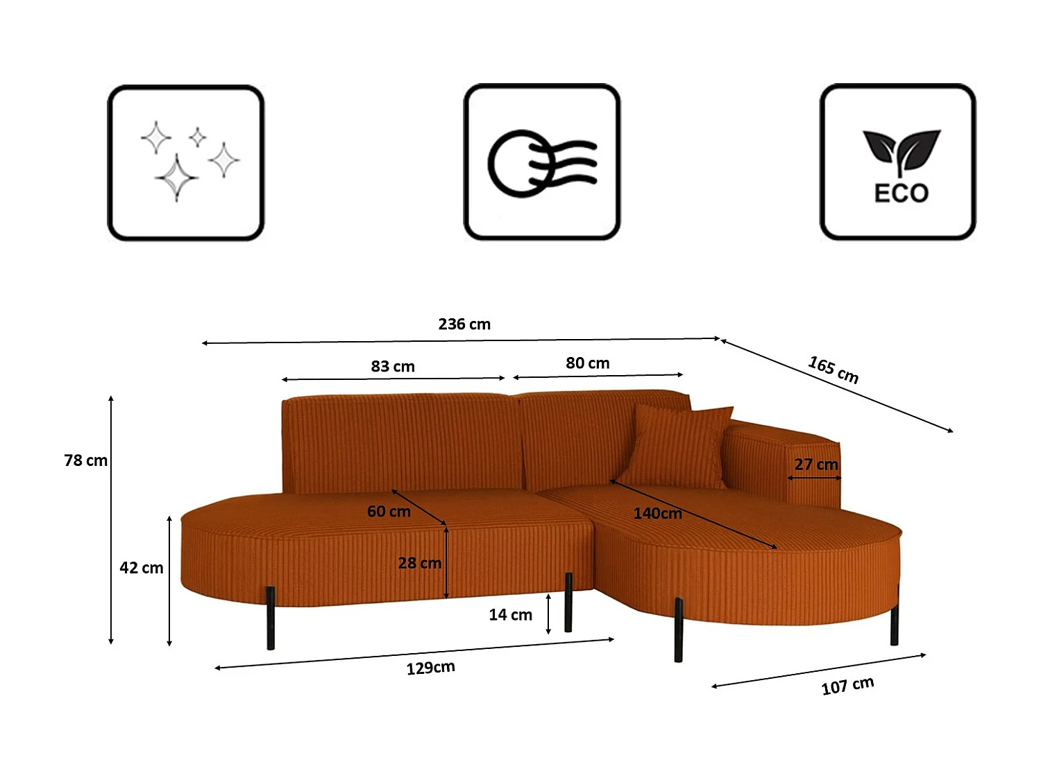 Canapé d'angle, canapé en L, designer Modena, tissu pur, Poso, cuivre, droite