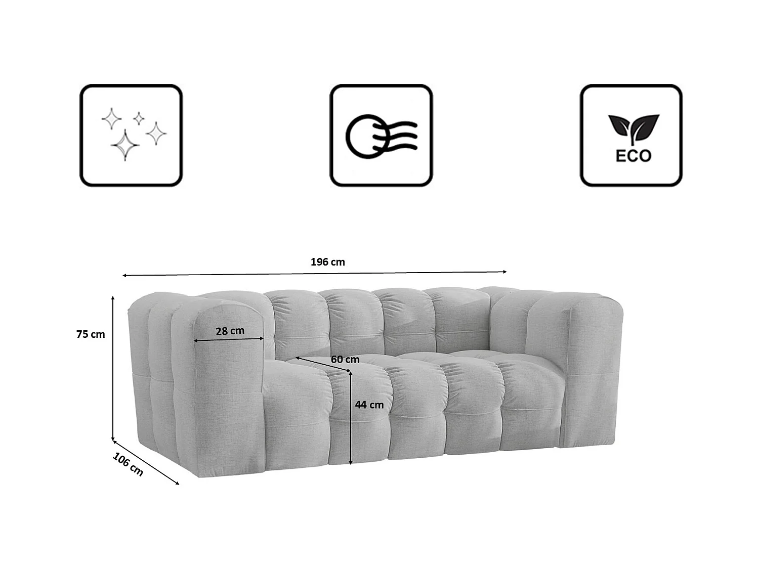 Sofa 2-Sitzer, Komfort Couch BALOO, stoff Schenille, Hellgrau