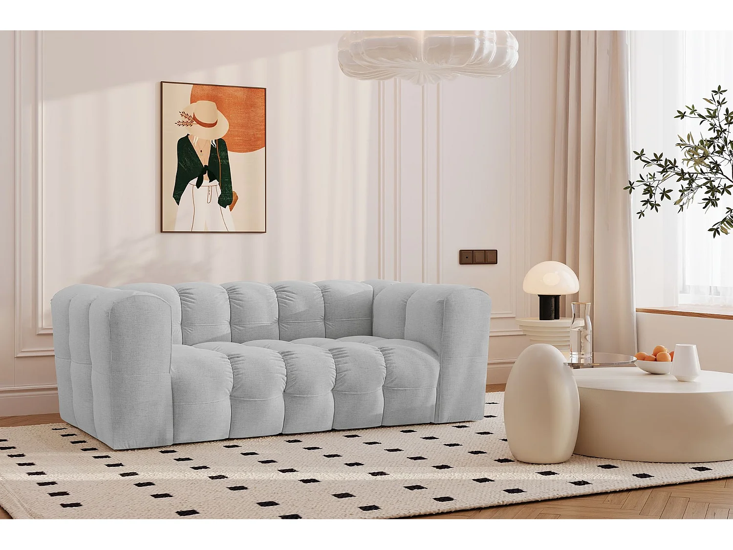 Sofa 2-Sitzer, Komfort Couch BALOO, stoff Schenille, Hellgrau