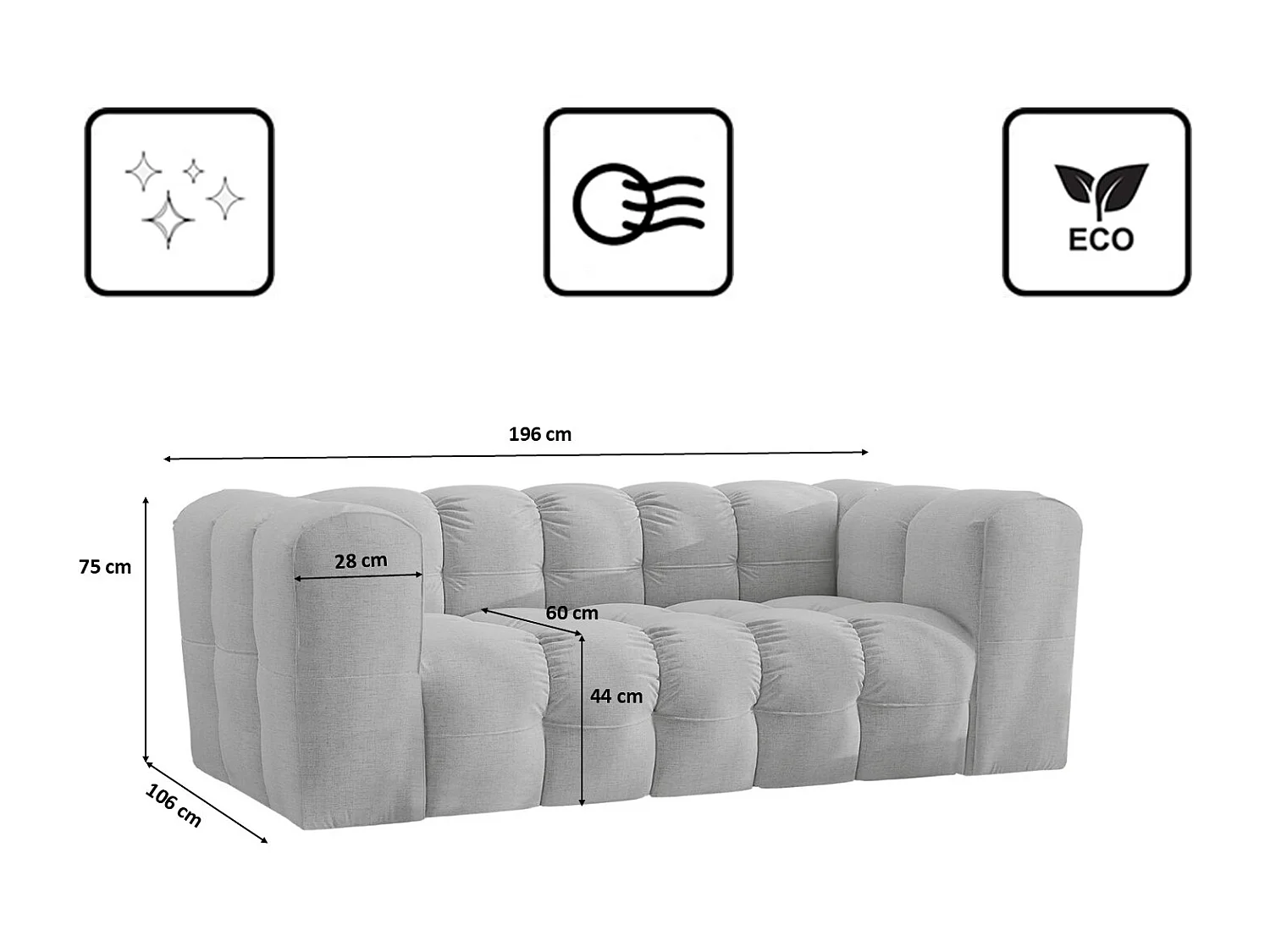 Sofa 2-Sitzer, Komfort Couch BALOO, stoff Schenille, Hellgrau