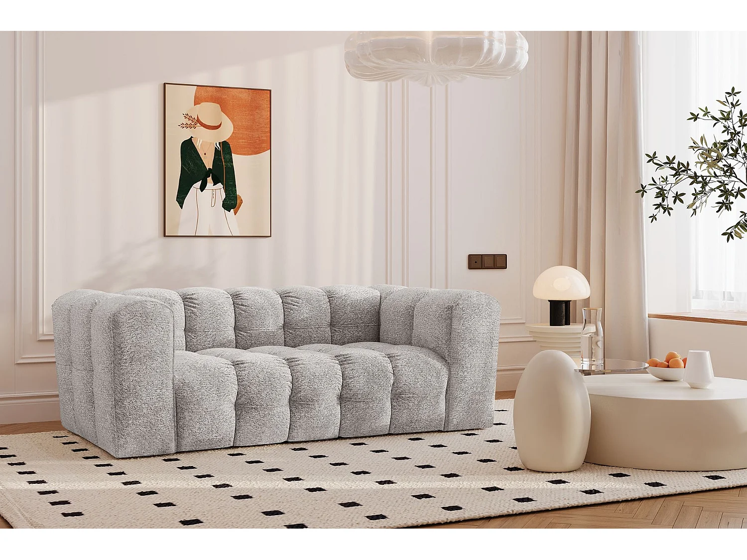 Sofa 2-Sitzer, Komfort Couch BALOO, stoff Schenille & Bouclé, Hellgrau