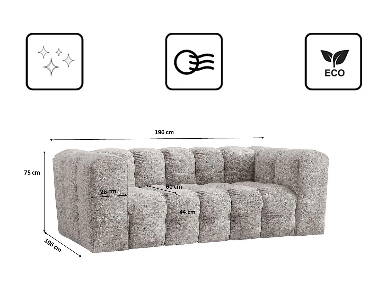 Sofa 2-Sitzer, Komfort Couch BALOO, stoff Schenille & Bouclé, Hellgrau